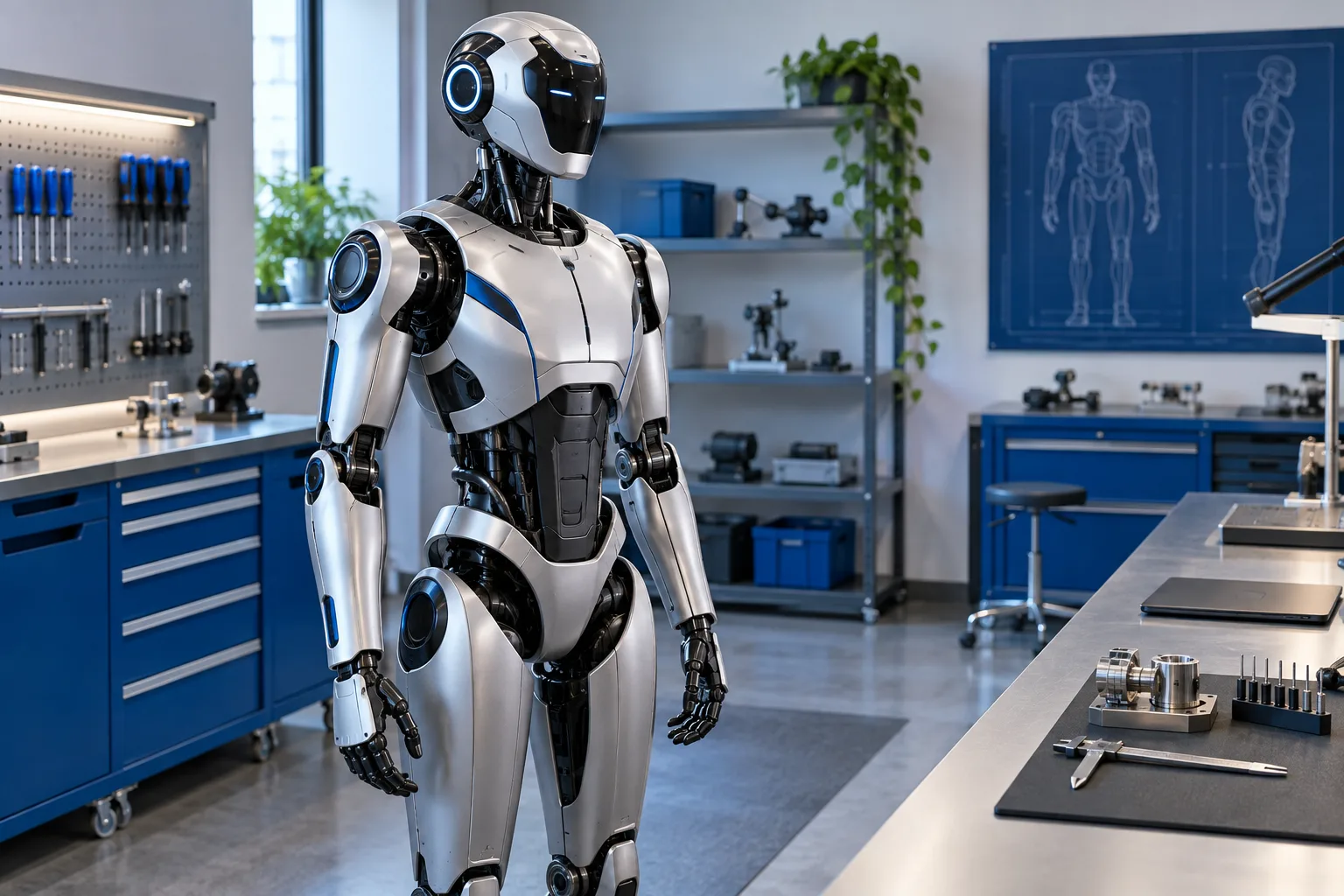 AI-illustration av en påhittad humanoid i en robotverkstad